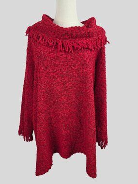 Ali Miles Red Cowl Neck Fringe Tunic Sweater Sz 3X Boho Lagenlook Textured Knit